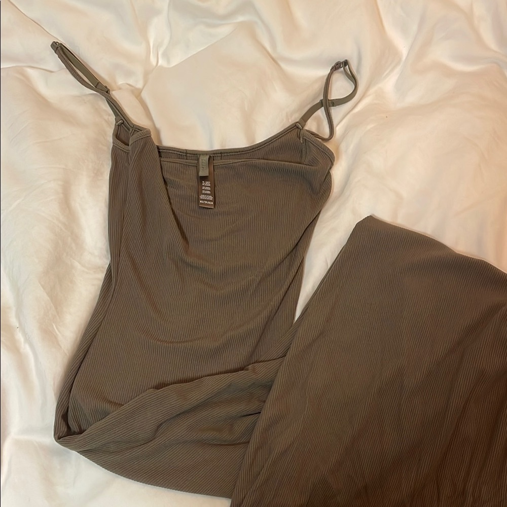 SKIMS Limited Edition Olive Green Ribbed Slip/Lounge Dress